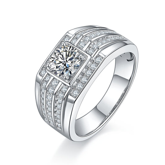 Men's 1-carat Luxury Silver Ring Set With Top-quality Moissanite, S925 Silver-plated Platinum