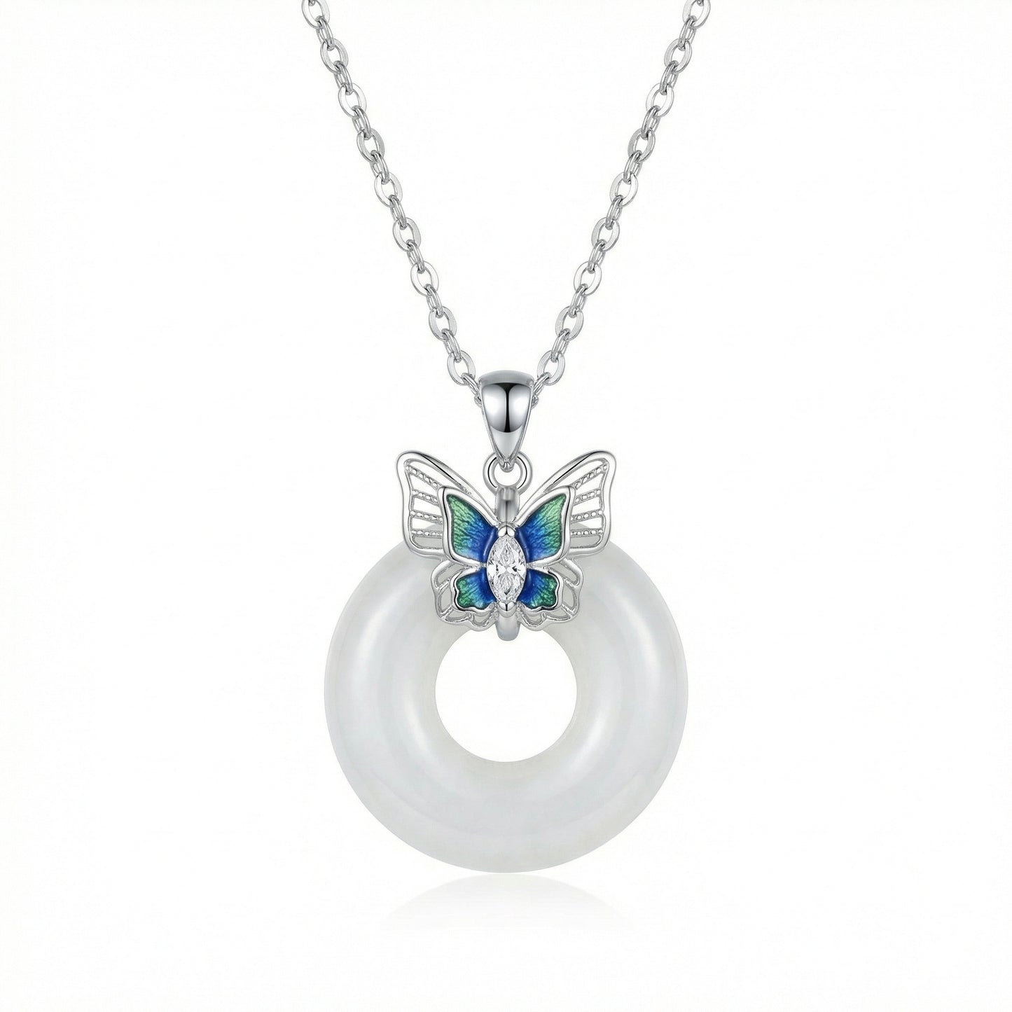 925 Sterling Silver Elegant Sterling Silver Butterfly and White Jade Donut Pendant Necklace