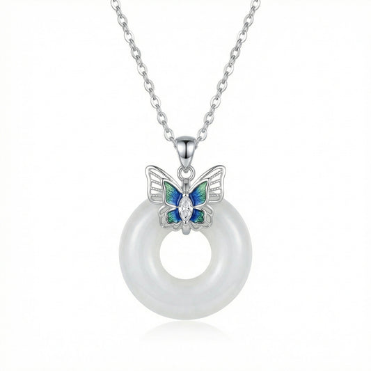 925 Sterling Silver Elegant Sterling Silver Butterfly and White Jade Donut Pendant Necklace