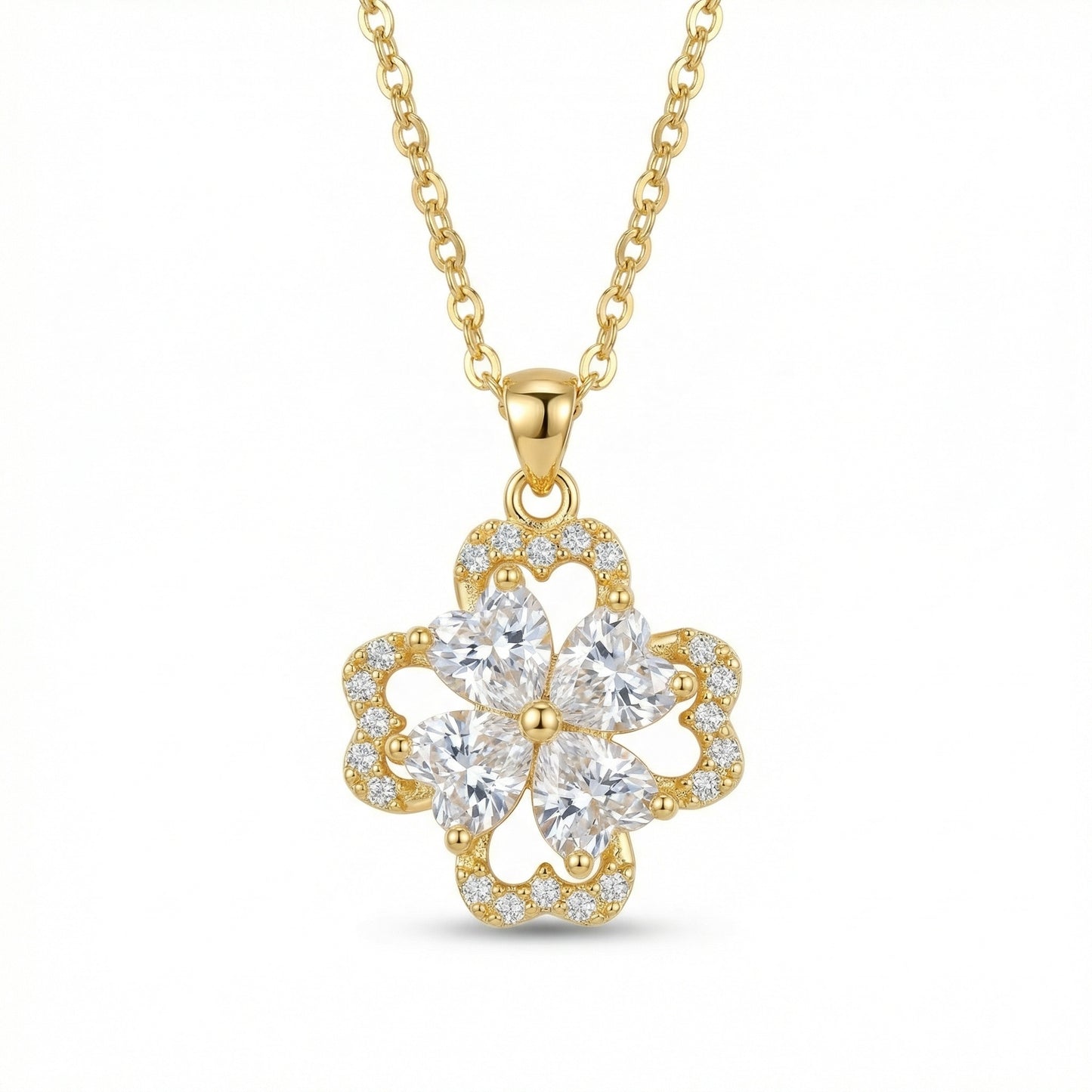 925 Sterling Silver Elegant Four-Leaf Clover Pendant Necklace with Heart-Shaped Crystals