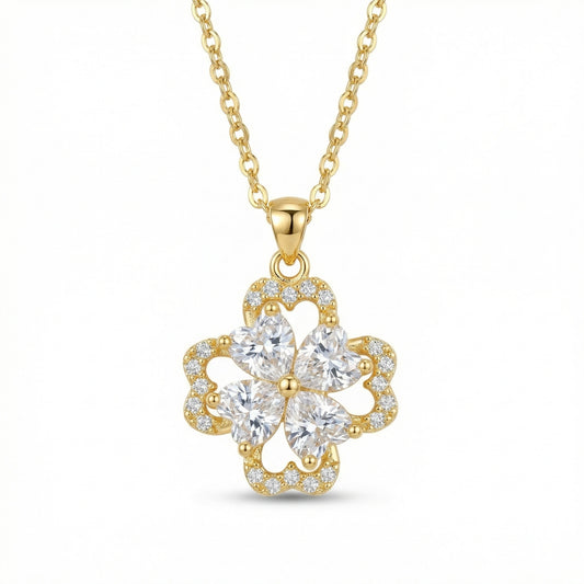 925 Sterling Silver Elegant Four-Leaf Clover Pendant Necklace with Heart-Shaped Crystals