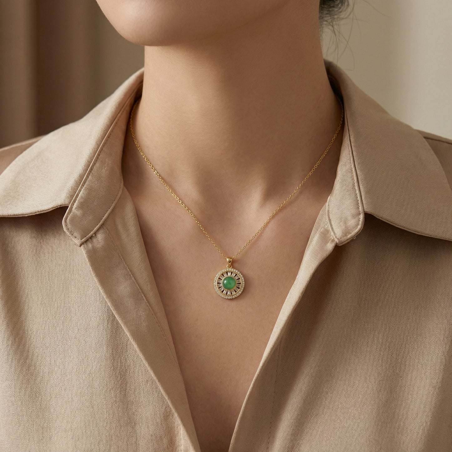 925 Sterling Silver Radiant Green Gemstone Sunburst Pendant Necklace with Sparkling Diamond Halo Accents