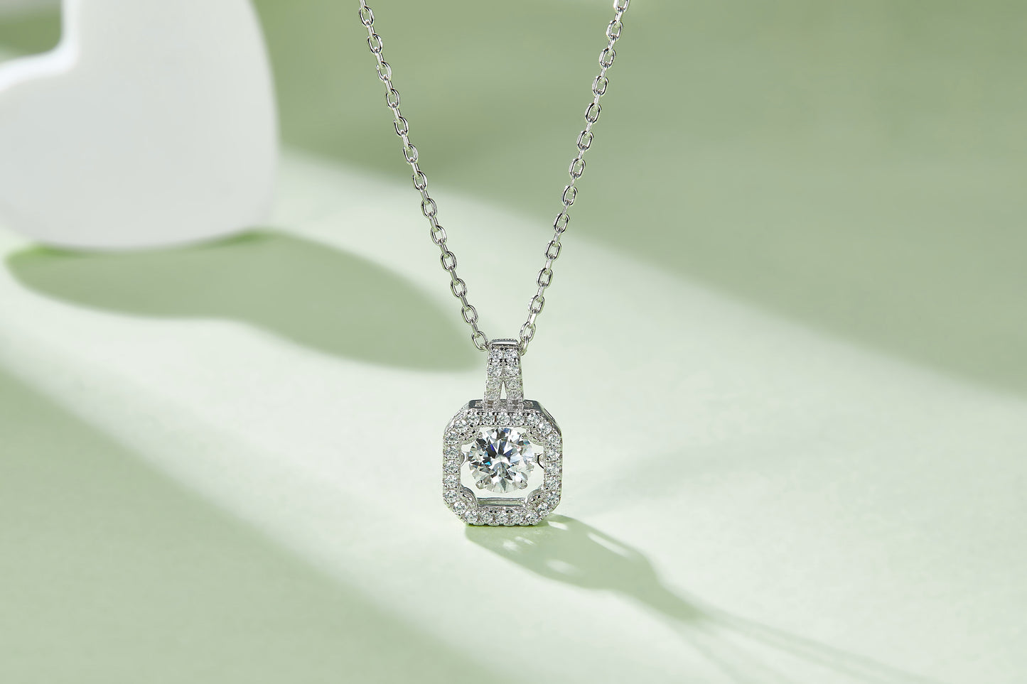 "Dancing Stone" Moissanite Square Halo Necklace in S925 Sterling Silver | D Color VVS1 Platinum Plated