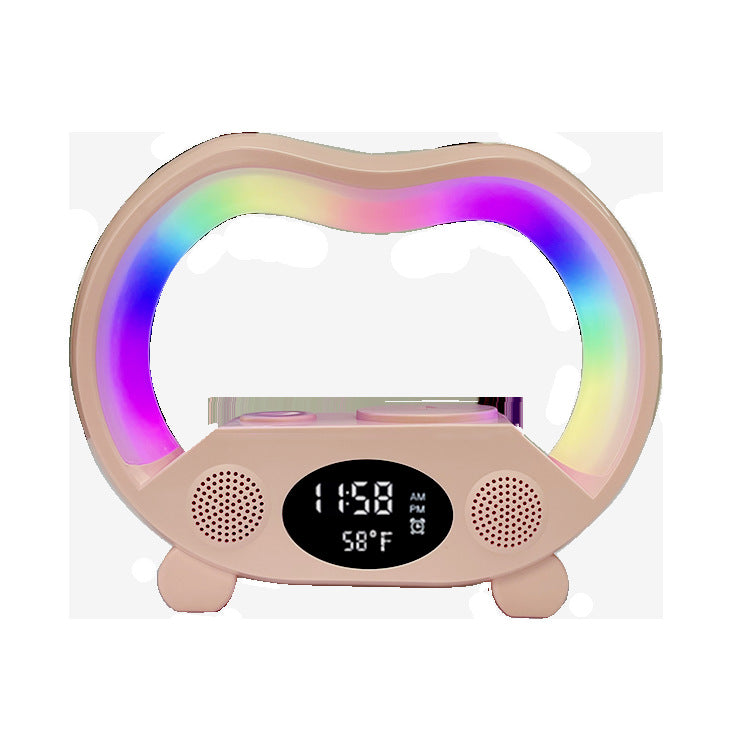 6-in-1 Intelligent LED Table Lamp with Bluetooth Speaker, Wireless Charger, & Smart Remote Control – RGB Night Light, Alarm Clock, Time & Temperature Display