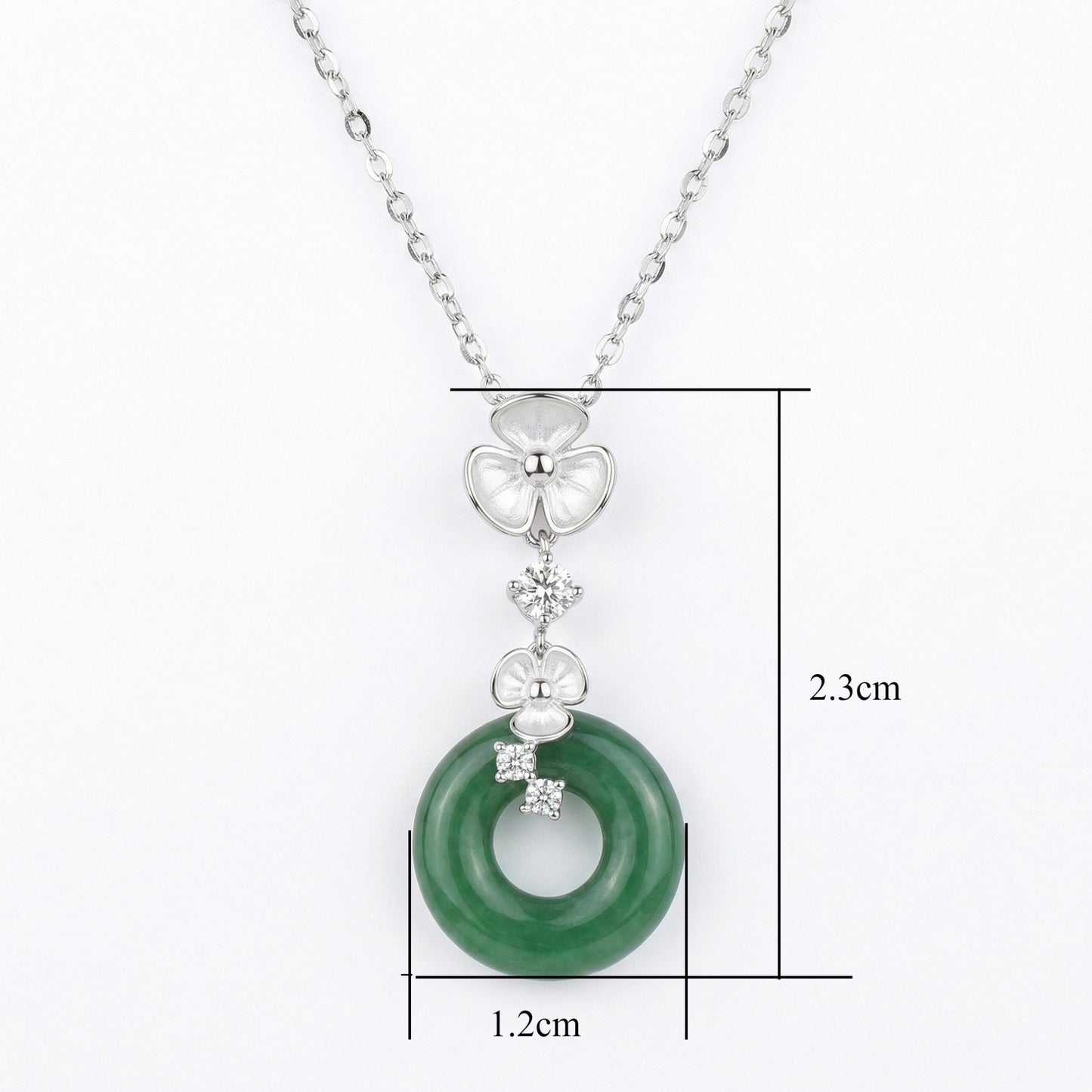 925 Sterling Silver Elegant Silver Green Jade Donut Pendant Necklace with Floral and Gemstone Accents