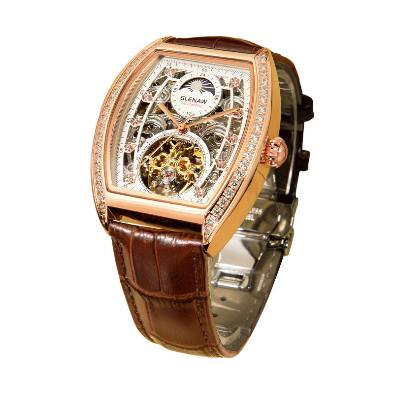 Men's Automatic Mechanical Skeleton Tonneau Watch with Diamond Accents