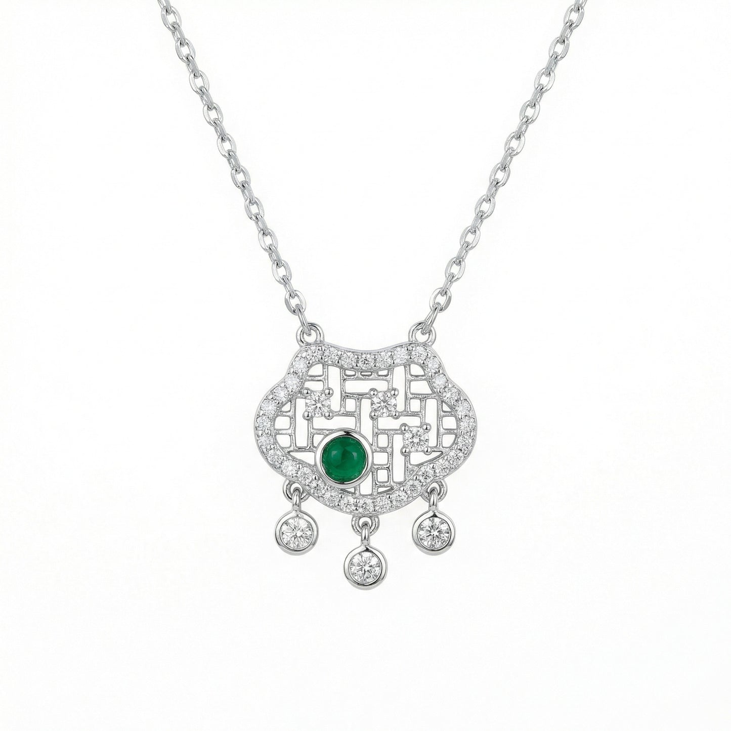 925 Sterling Silver Elegant Longevity Lock Necklace with Vibrant Green Gemstone and Sparkling Brilliant Accents