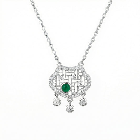 925 Sterling Silver Elegant Longevity Lock Necklace with Vibrant Green Gemstone and Sparkling Brilliant Accents