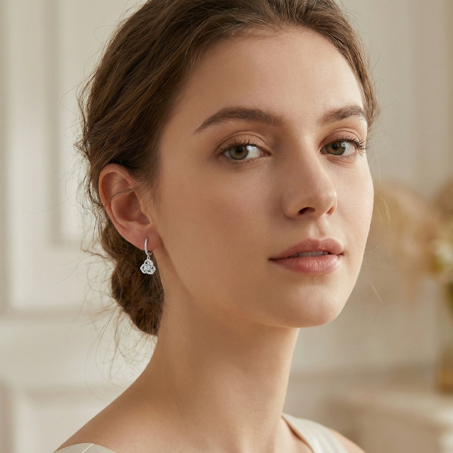 925 Sterling Silver Elegant Floral Bloom Dangle Earrings with Brilliant Round and Baguette Accents in Shimmering White Metal