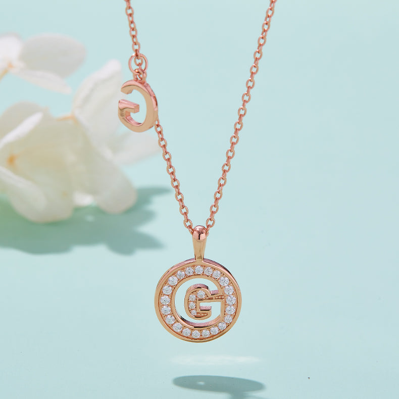 Luxury Initial Letter Necklace Pendant – G , S925 Silver Rose Gold Plated with Top-Quality Brilliant Moissanite