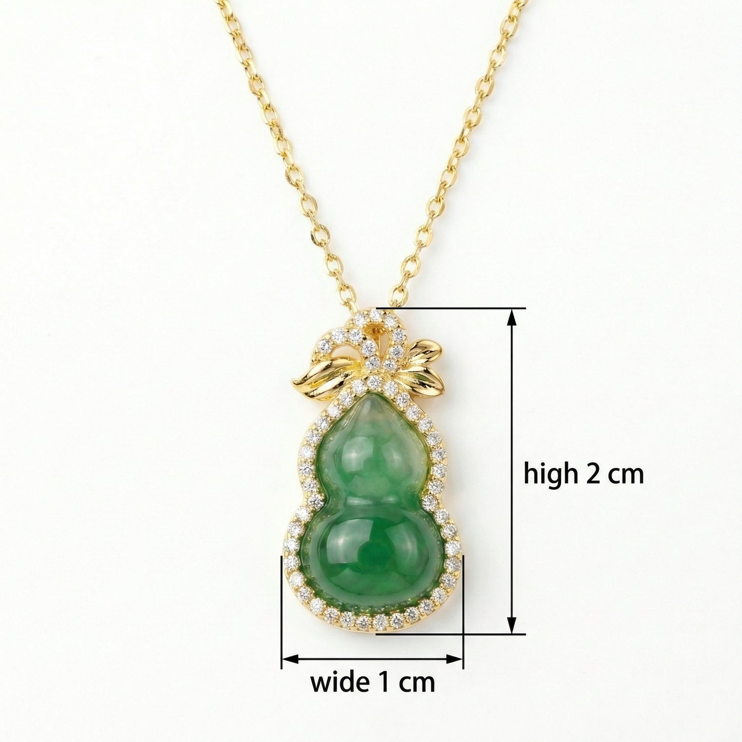 925 Sterling Silver Elegant Green Jadeite Calabash Pendant Necklace with Sparkling Diamond Accents and Bow Detail