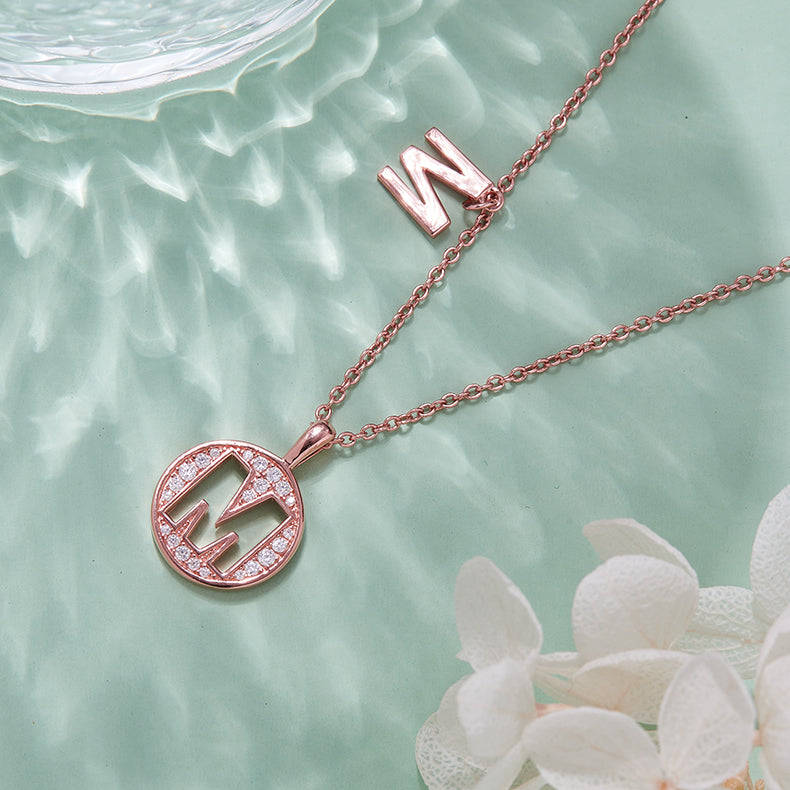 Luxury Initial Letter Necklace Pendant – M , S925 Silver Rose Gold Plated with Top-Quality Brilliant Moissanite