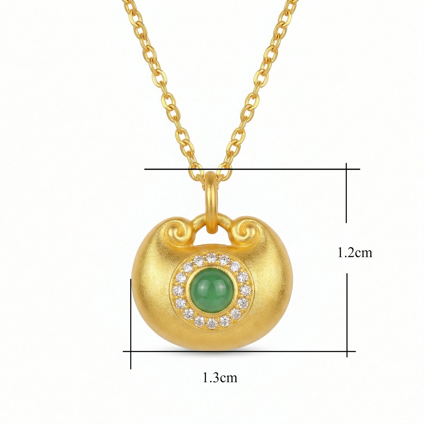 925 Sterling Silver Elegant Matte Longevity Lock Pendant with Vibrant Green Jadeite and Shimmering Gemstone Halo