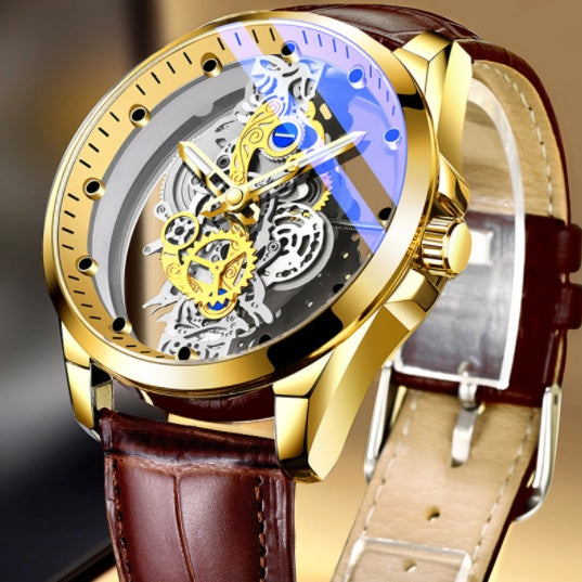Luxurious Gold Plated Skeleton Quartz Watch for Men