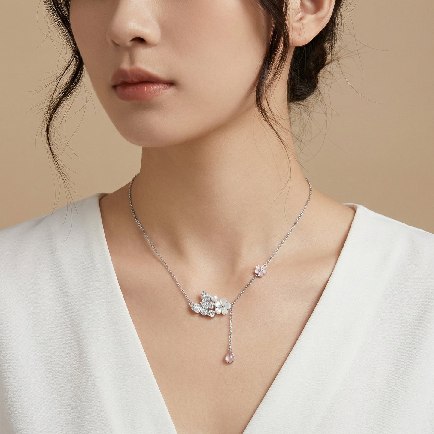 925 Sterling Silver Elegant Butterfly and Cherry Blossom Silver Necklace with Pink Pendant