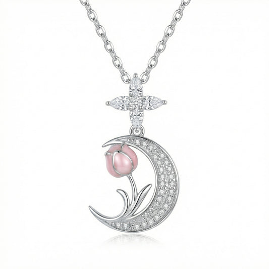 925 Sterling Silver Elegant Silver Crescent Moon Necklace Featuring a Delicate Pink Tulip Pendant