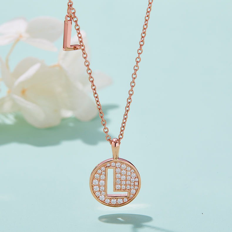 Luxury Initial Letter Necklace Pendant – L , S925 Silver Rose Gold Plated with Top-Quality Brilliant Moissanite