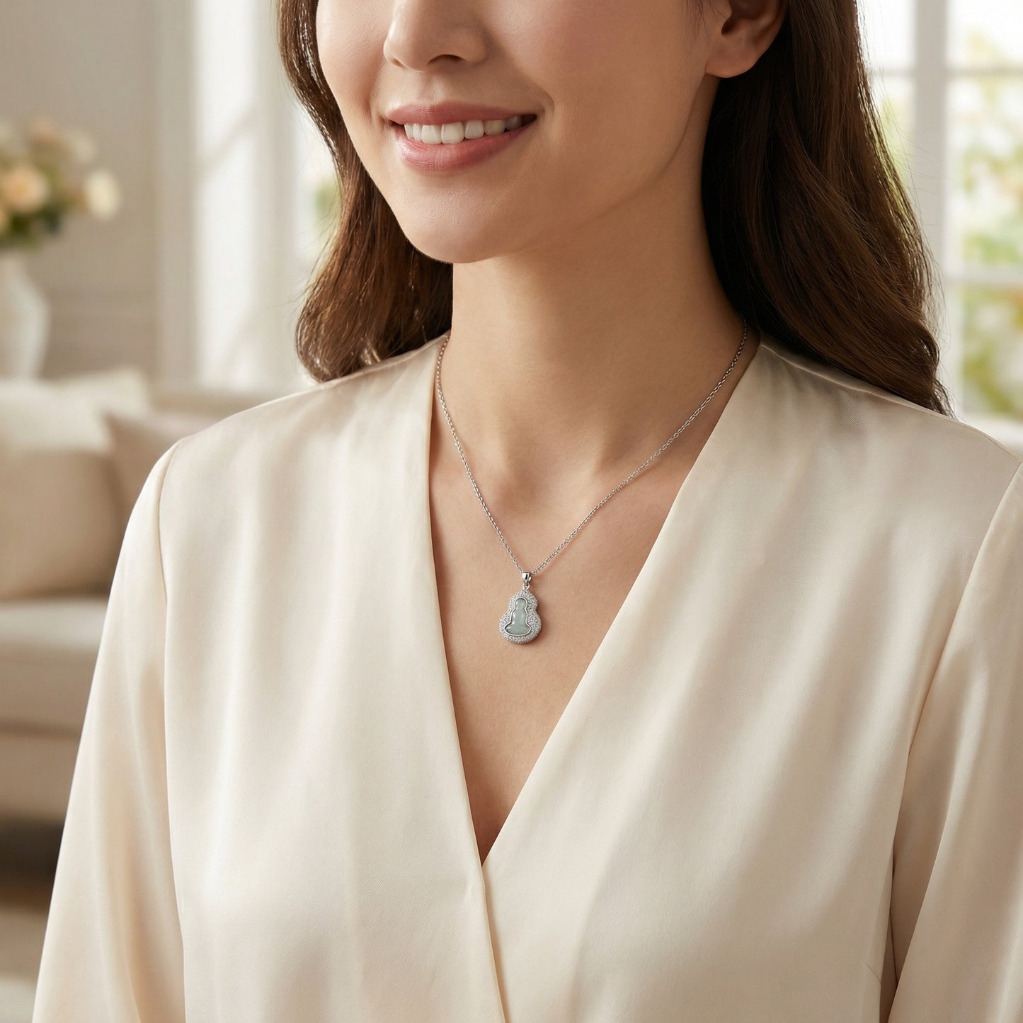925 Sterling Silver Elegant Light Green Jade Buddha Pendant Necklace with Sparkling Accents
