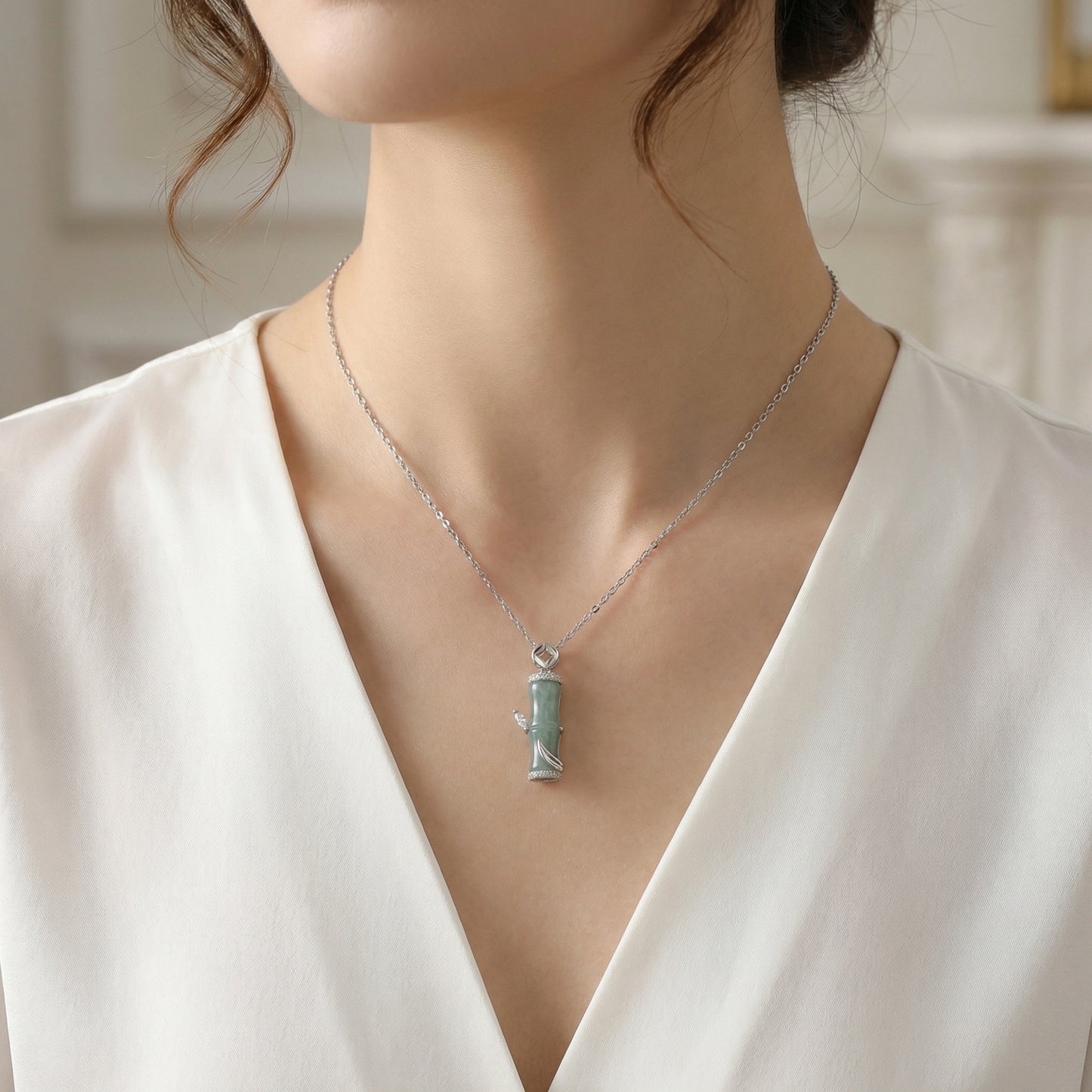 925 Sterling Silver Elegant Natural Green Jade Bamboo Stalk Pendant Necklace with Sparkling Accents