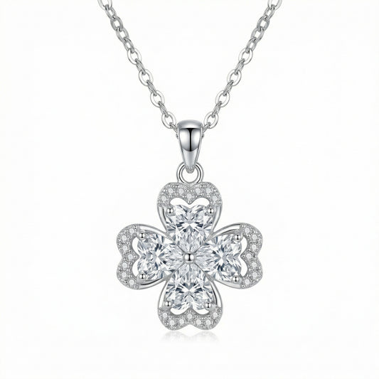 925 Sterling Silver Elegant Heart-Shaped Four-Leaf Clover Pendant Necklace with Sparkling Accents