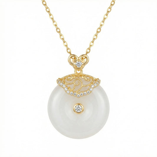 925 Sterling Silver Elegant White Jade Circle Pendant Necklace with Intricate Diamond Filigree