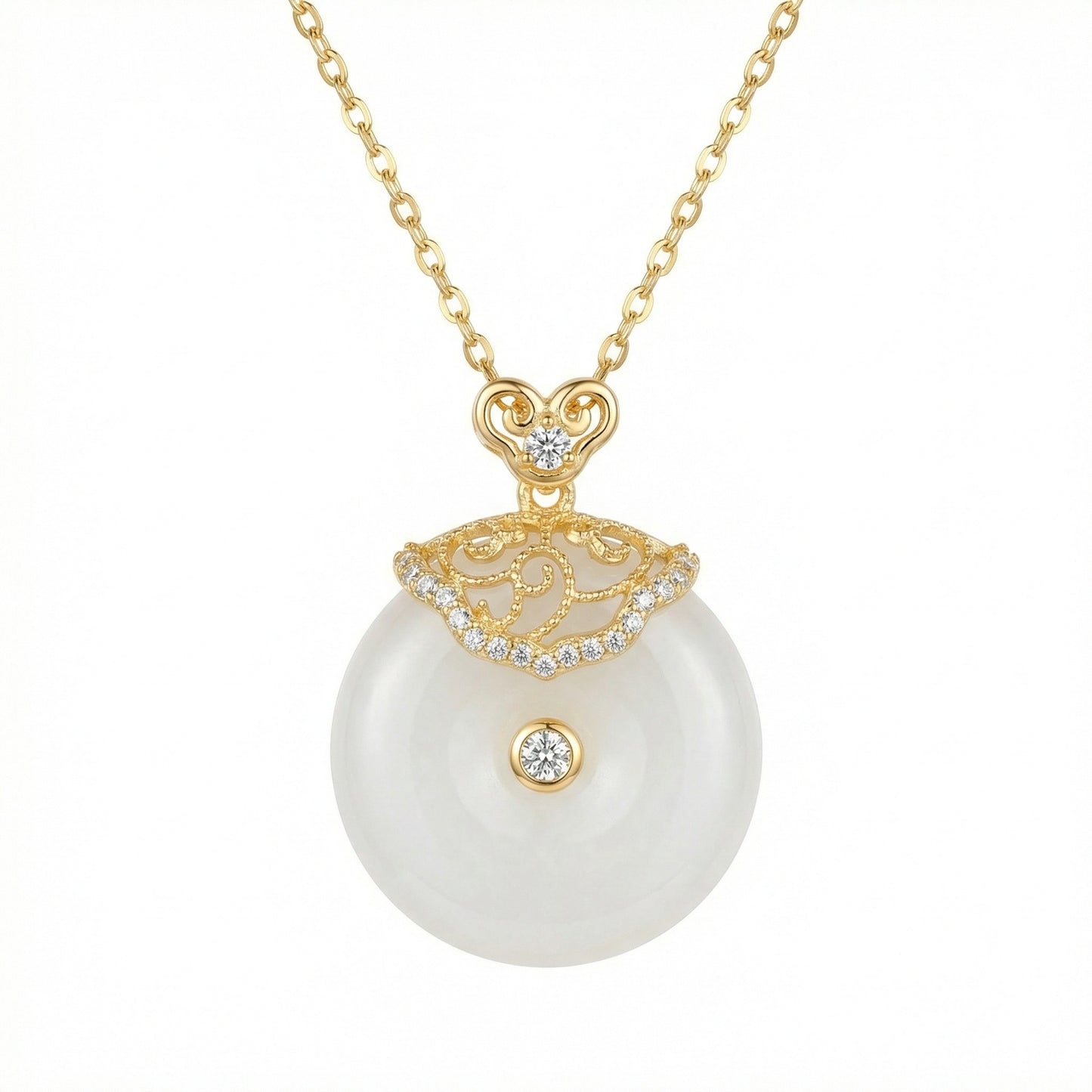 925 Sterling Silver Elegant White Jade Circle Pendant Necklace with Intricate Diamond Filigree