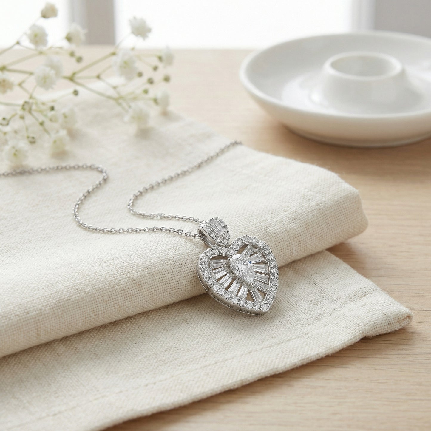 925 Sterling Silver Radiant Heart-Shaped Diamond Necklace with Pear-Cut Center and Baguette Accents
