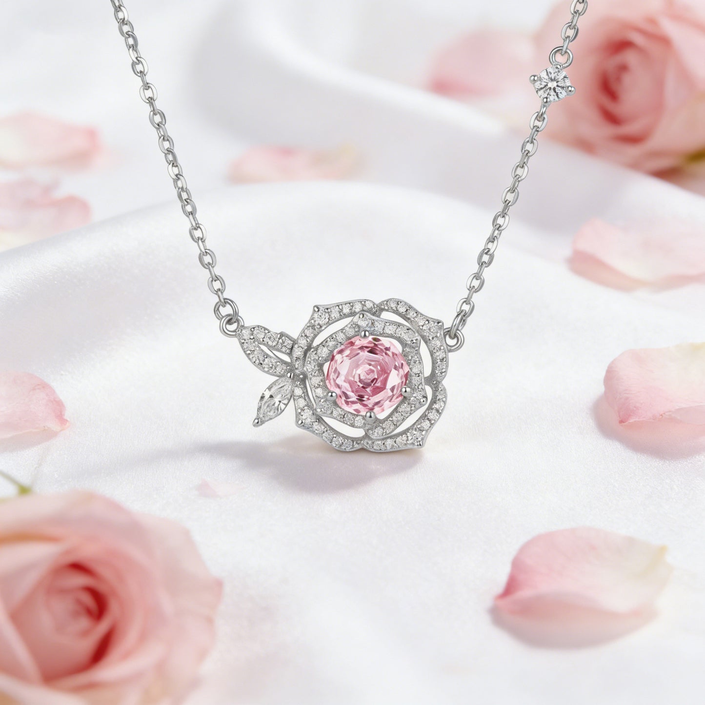 925 Sterling Silver Elegant Sterling Silver Rose Pendant Necklace with a Radiant Pink Gemstone Centerpiece.