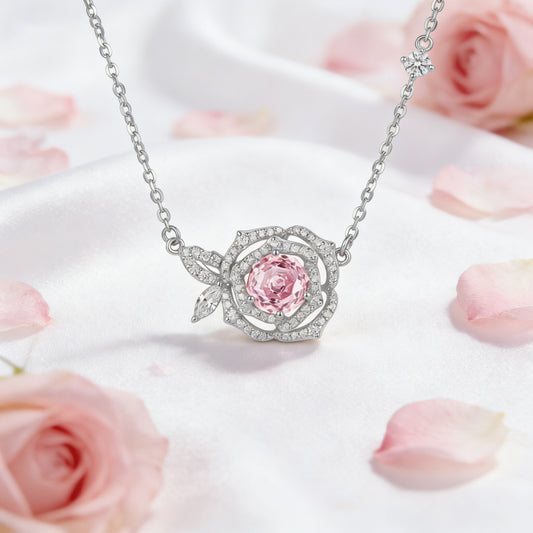 925 Sterling Silver Elegant Sterling Silver Rose Pendant Necklace with a Radiant Pink Gemstone Centerpiece.