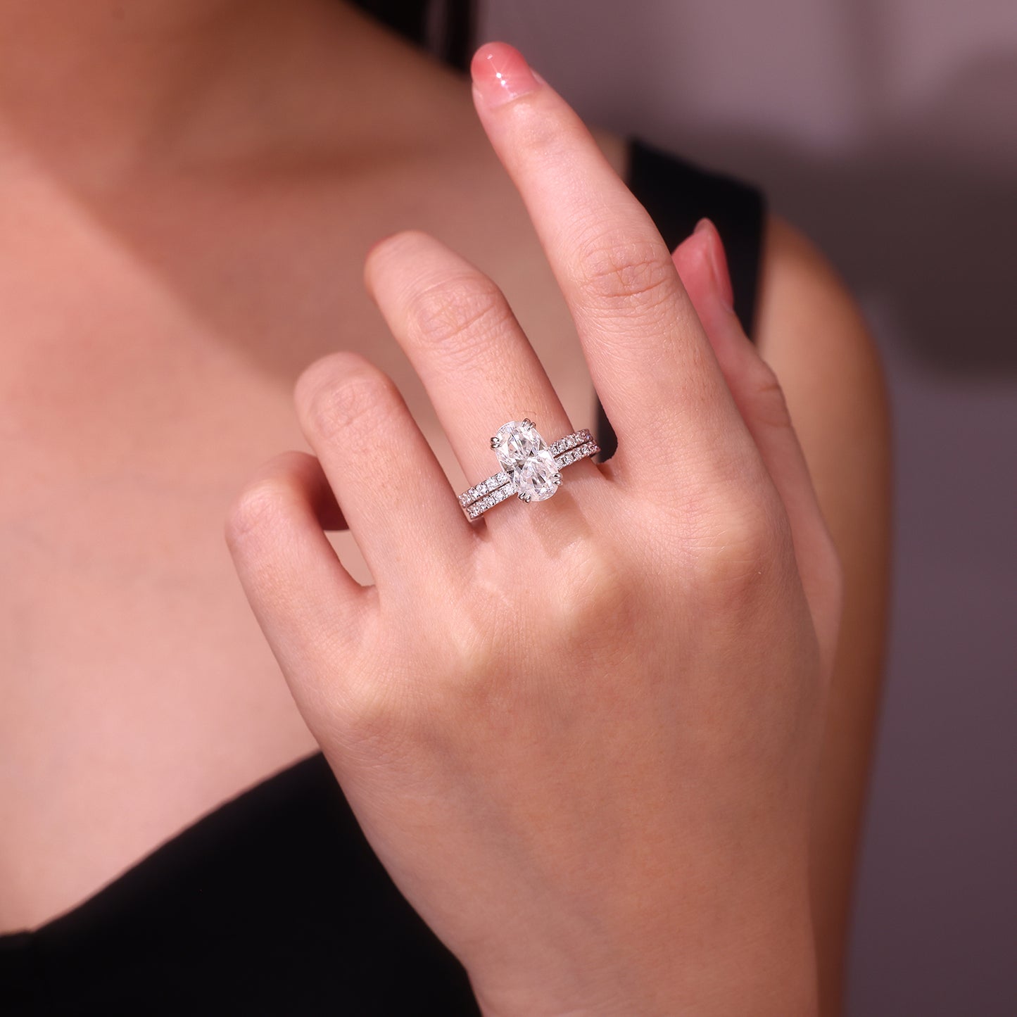 Egg-shaped Moissanite Double Rings Set With Top-quality Moissanite ,  Luxury Silver Ring S925 Silver Plated With Platinum
