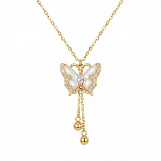 925 Sterling Silver Elegant Butterfly Necklace with Mother of Pearl and Sparkling Crystals