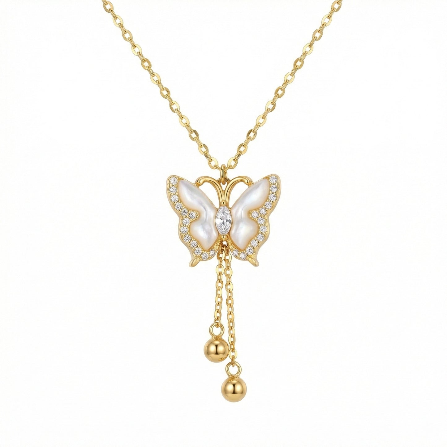 925 Sterling Silver Elegant Butterfly Necklace with Mother of Pearl and Sparkling Crystals