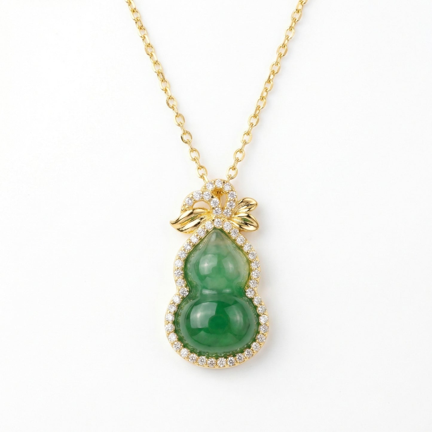 925 Sterling Silver Elegant Green Jadeite Calabash Pendant Necklace with Sparkling Diamond Accents and Bow Detail