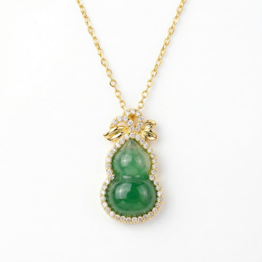 925 Sterling Silver Elegant Green Jadeite Calabash Pendant Necklace with Sparkling Diamond Accents and Bow Detail