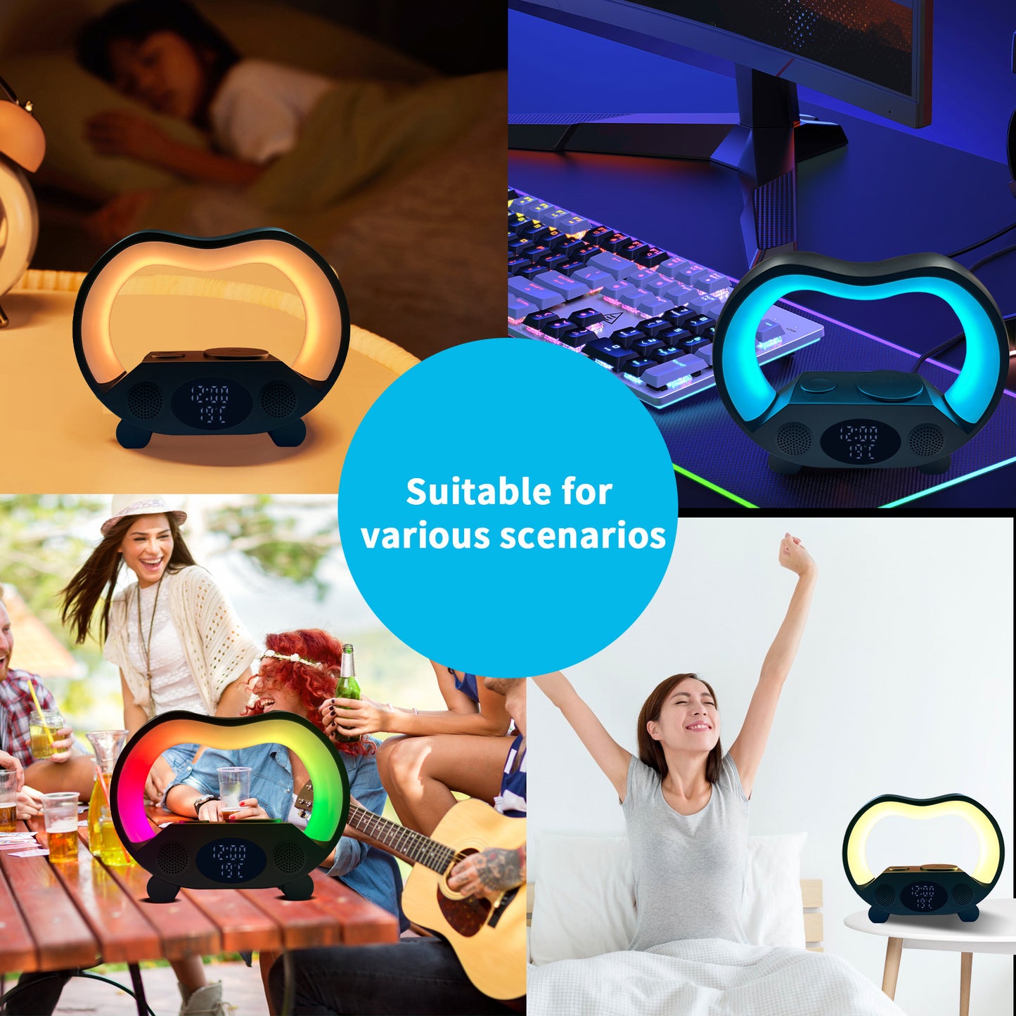 6-in-1 Intelligent LED Table Lamp with Bluetooth Speaker, Wireless Charger, & Smart Remote Control – RGB Night Light, Alarm Clock, Time & Temperature Display