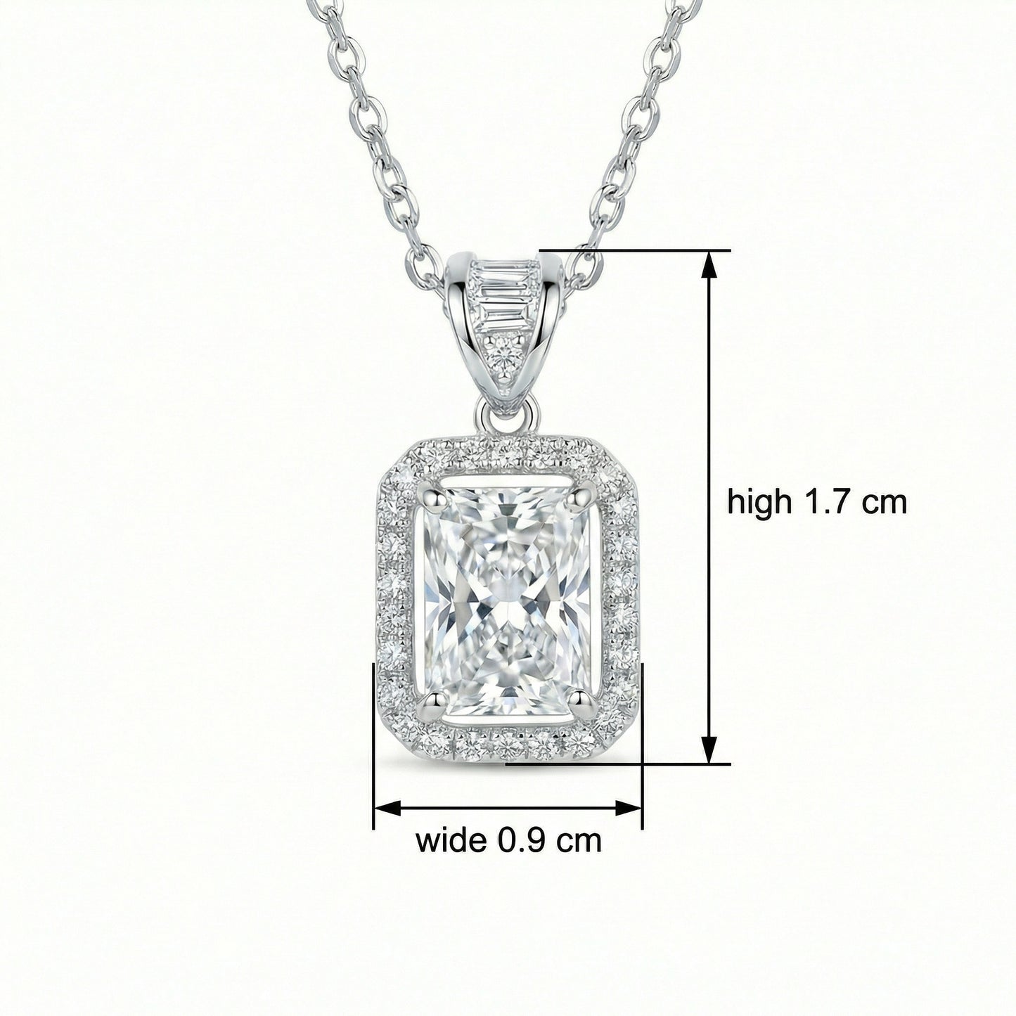 925 Sterling Silver Elegant Radiant Cut Sparkling Halo Pendant Necklace in Polished Silver Finish