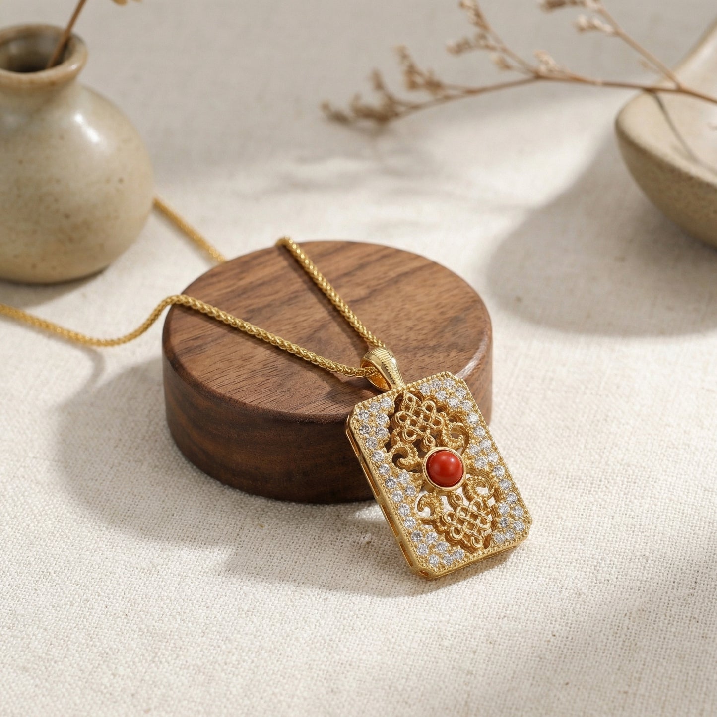 925 Sterling Silver Ornate Rectangular Filigree Pendant Necklace with Central Red Gemstone and Shimmering Accents
