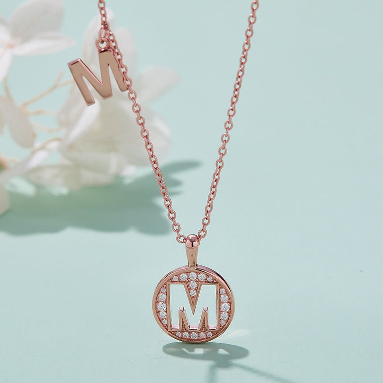 Luxury Initial Letter Necklace Pendant – M , S925 Silver Rose Gold Plated with Top-Quality Brilliant Moissanite