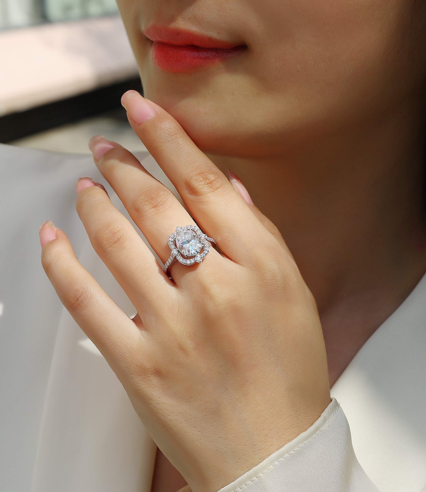 Camellia - Luxury Silver Ring Set With Top-quality Egg-shaped Moissanite D Color VVS,  S925 Silver And Platinum-plated Diamond Ring