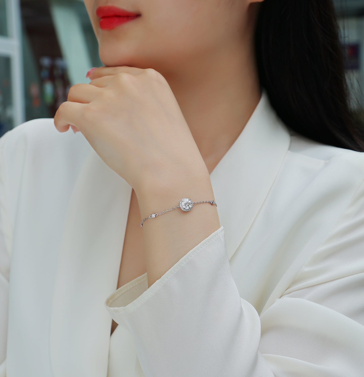 D Color VVS1 Moissanite Halo Station Bracelet | S925 Sterling Silver Platinum Plated Adjustable