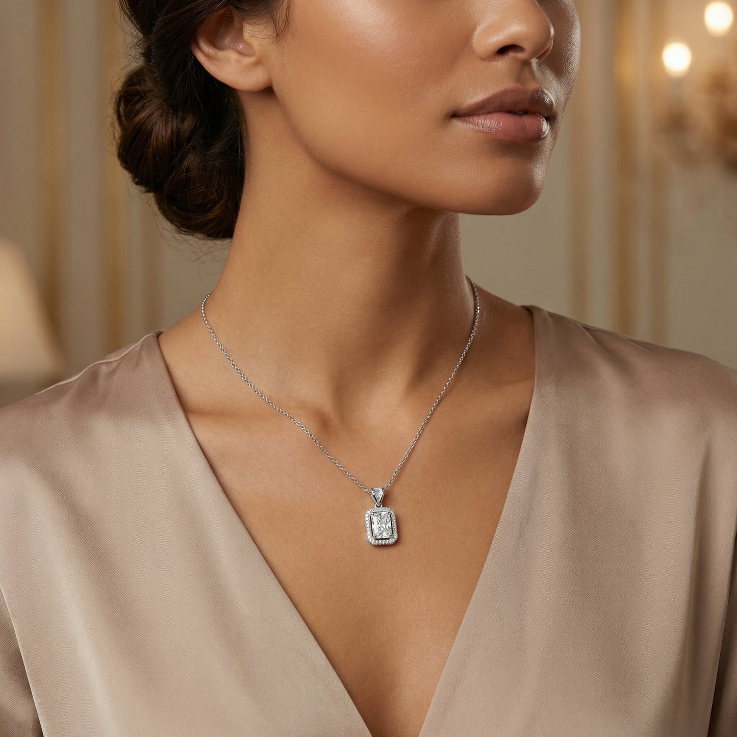 925 Sterling Silver Elegant Radiant Cut Sparkling Halo Pendant Necklace in Polished Silver Finish