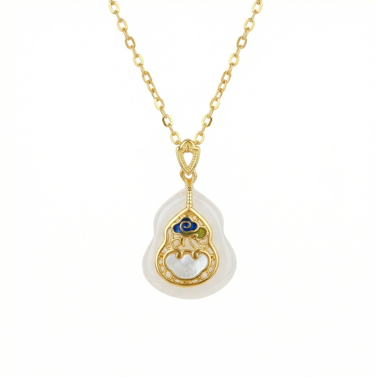 925 Sterling Silver Elegant Hulu Pendant Necklace Featuring Enamel Ruyi Cloud and Shimmering White Gemstone