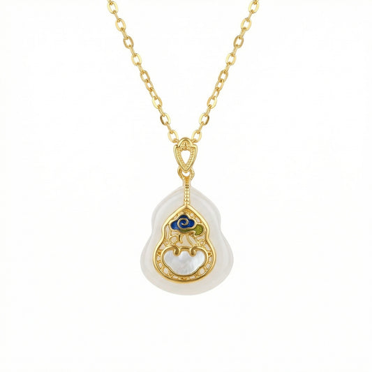 925 Sterling Silver Elegant Hulu Pendant Necklace Featuring Enamel Ruyi Cloud and Shimmering White Gemstone