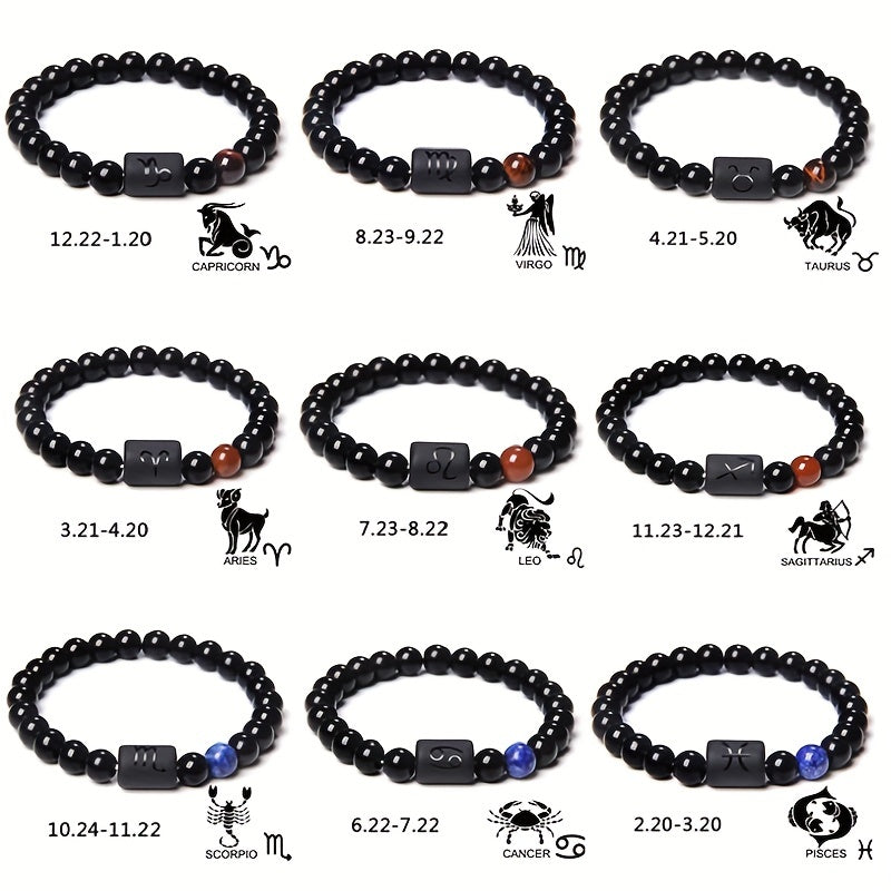 Unisex 12 Constellation Natural Black Obsidian Beaded Bracelets