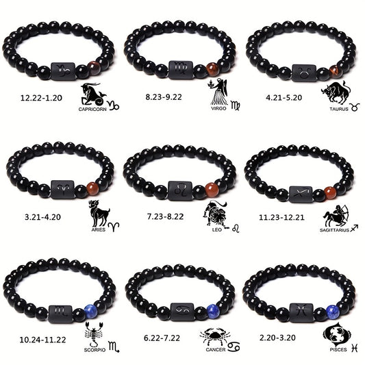 Unisex 12 Constellation Natural Black Obsidian Beaded Bracelets