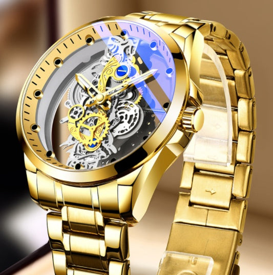 Luxurious Gold Plated Skeleton Quartz Watch for Men