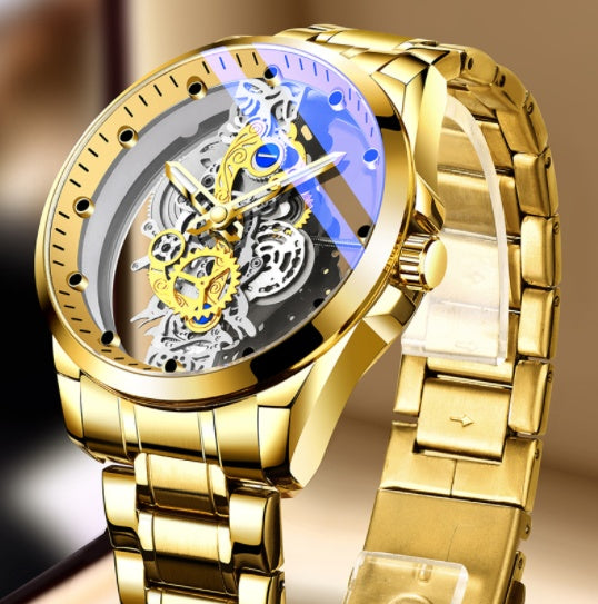 Luxurious Gold Plated Skeleton Quartz Watch for Men