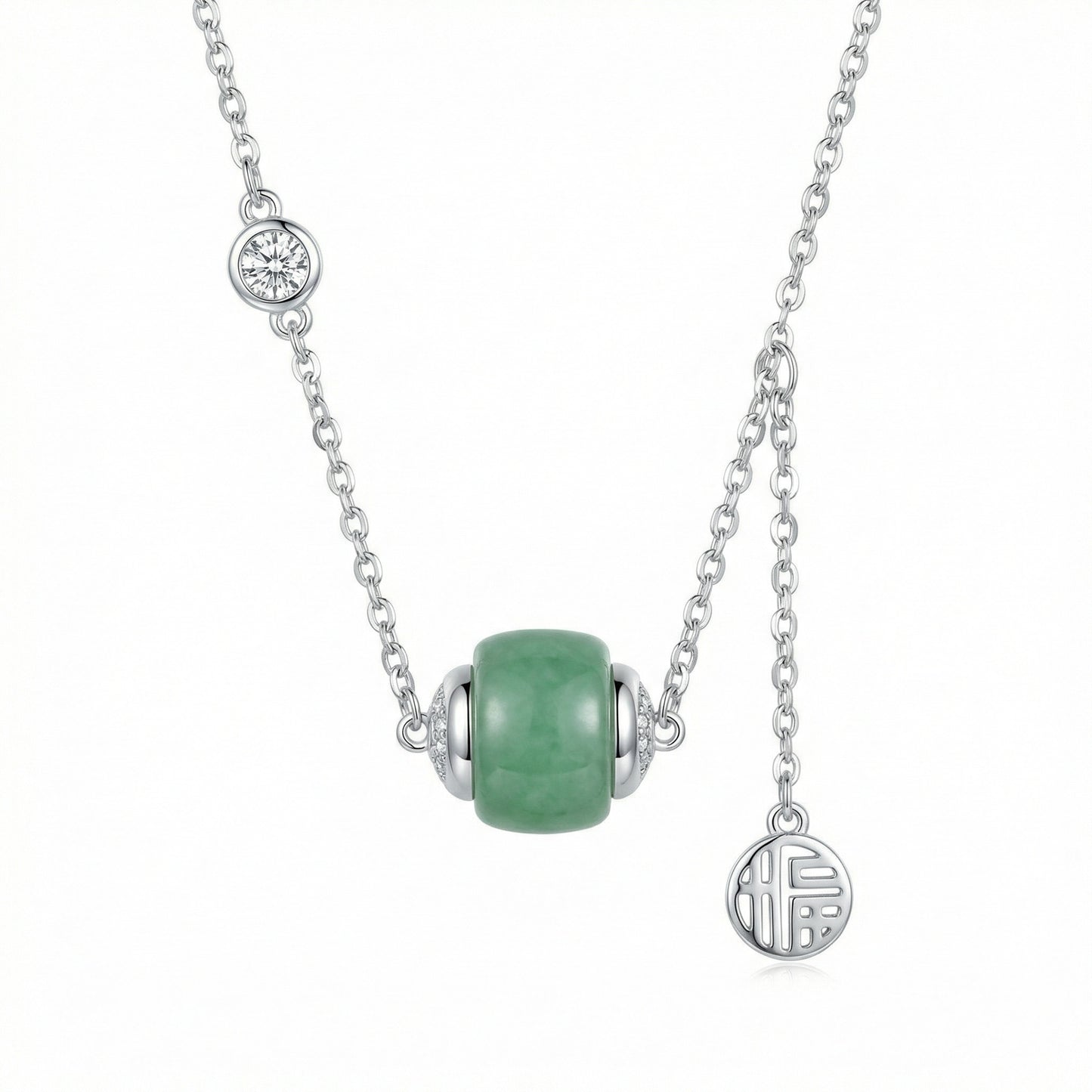 925 Sterling Silver Elegant Sterling Silver Green Jade Barrel Necklace with Diamond Accents and Fortune Pendant