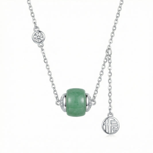 925 Sterling Silver Elegant Sterling Silver Green Jade Barrel Necklace with Diamond Accents and Fortune Pendant