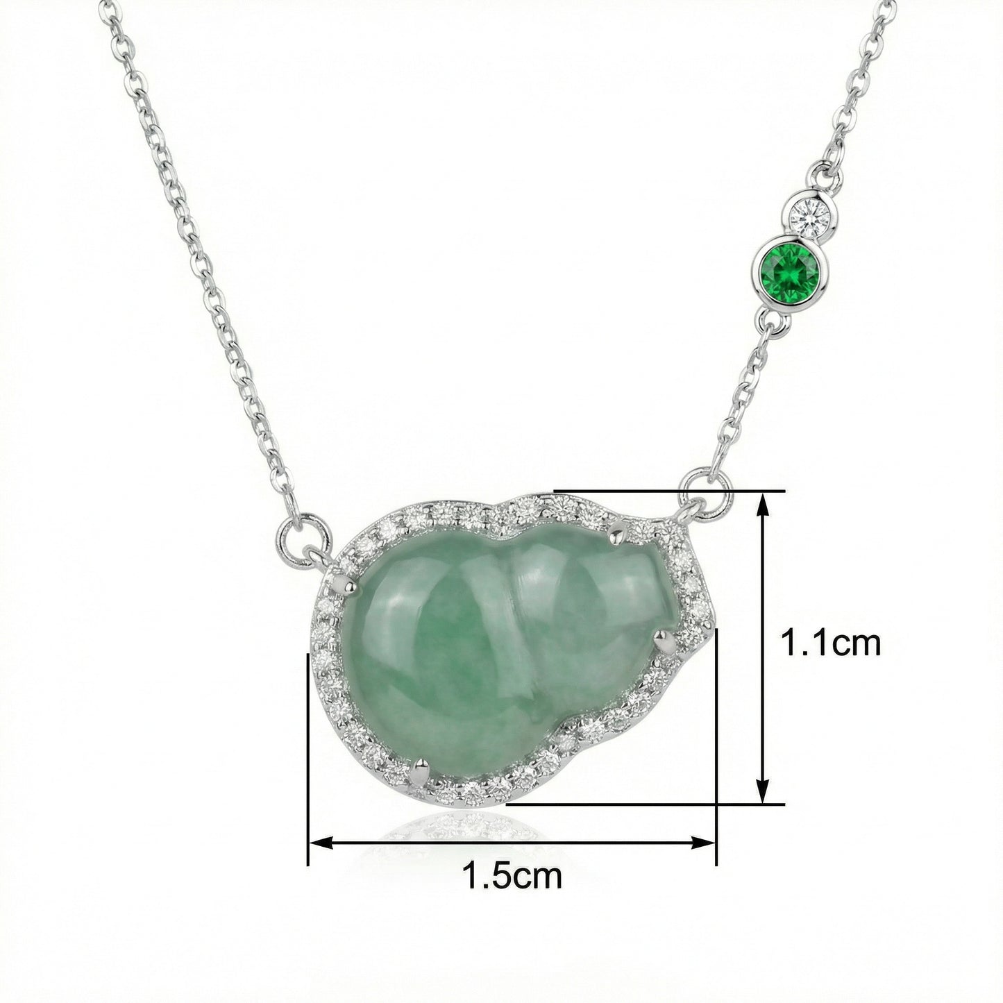 925 Sterling Silver Elegant Jadeite Gourd Pendant Necklace with Diamond Halo and Emerald Accent